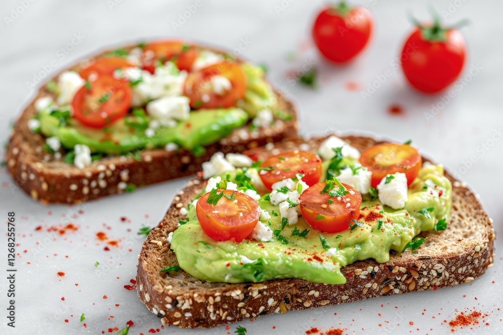 Avocado Toast with Feta Cheese and Cherry Tomatoes, Delicious and Nutritious Breakfast Concept Avocado Toast with Feta Cheese and Cherry Tomatoes, Delicious and Nutritious Breakfast Concept