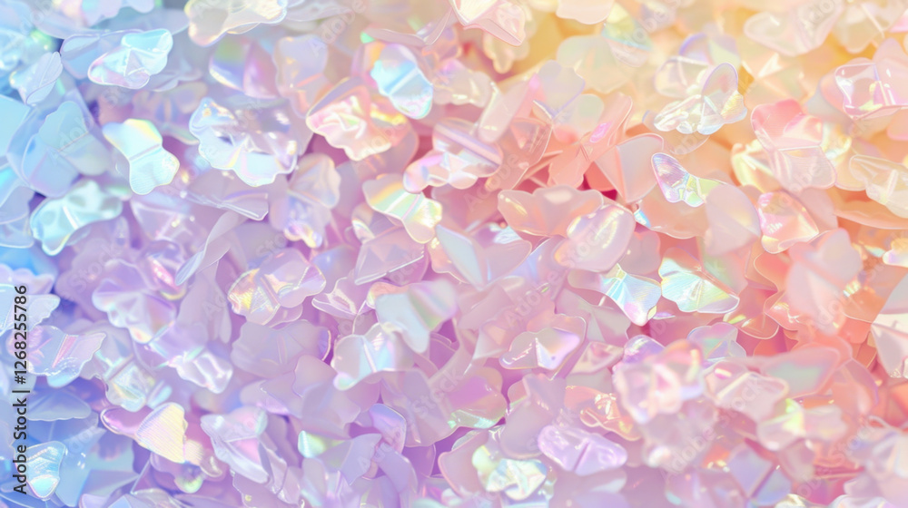 Colorful iridescent butterfly shapes scattered on soft pastel background create whimsical and dreamy atmosphere. Perfect for artistic and creative projects