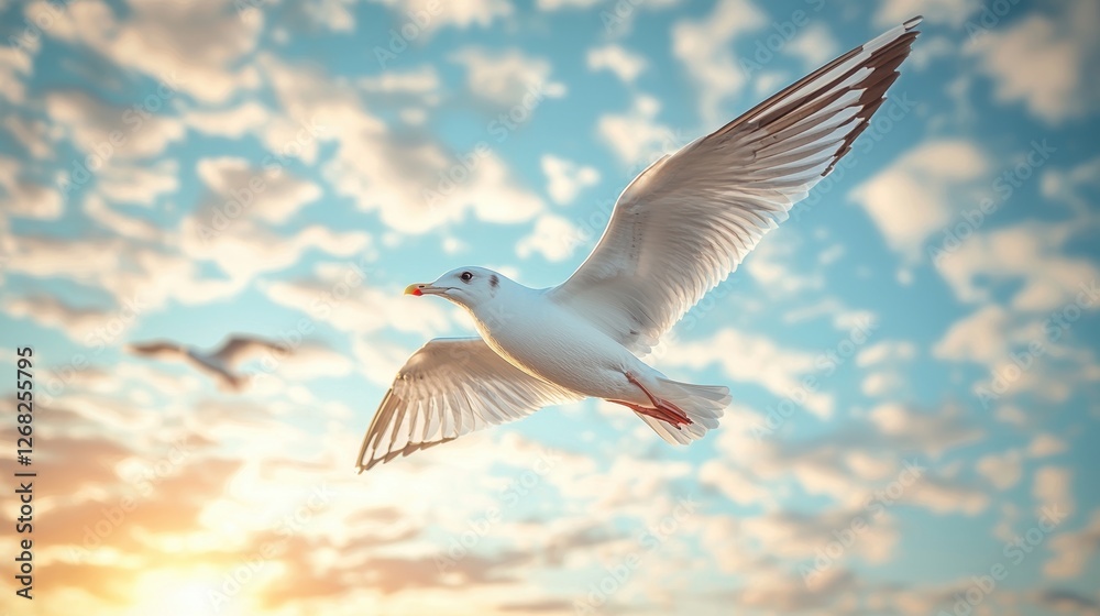 Obraz premium A seagull soaring gracefully against a vibrant sunset sky.