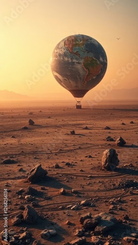 Desolate wasteland with remnants of a deflated Earth balloon, bleak, wasteland