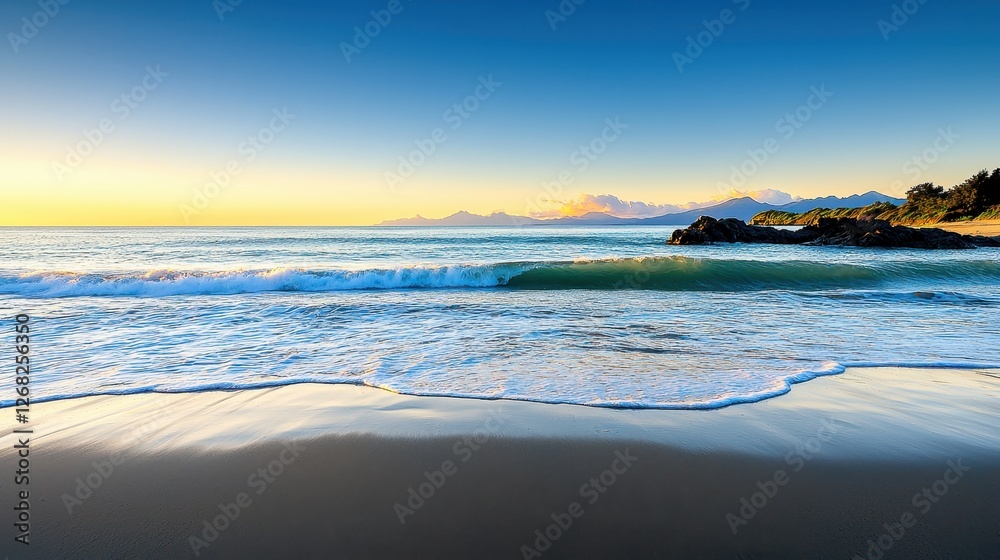 Obraz premium Gentle waves roll onto a sandy beach at sunrise
