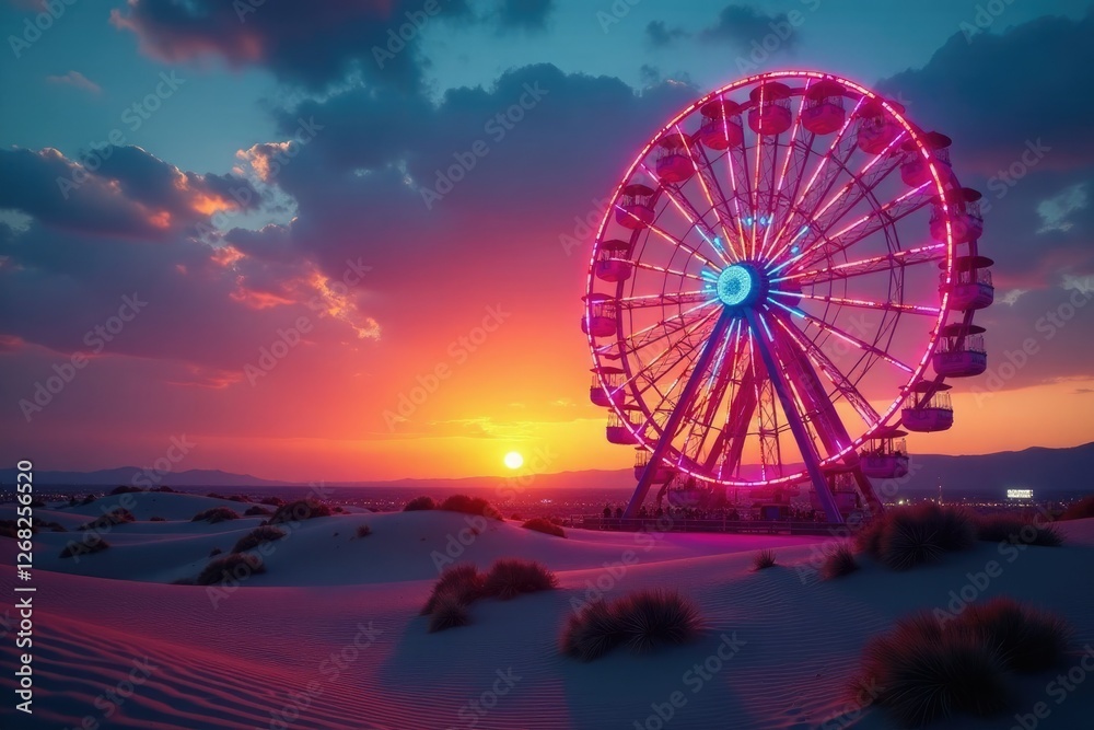 Desert sunset Ferris wheel with colorful lights, desert, evening, colorful Desert sunset Ferris wheel with colorful lights, desert, evening, colorful