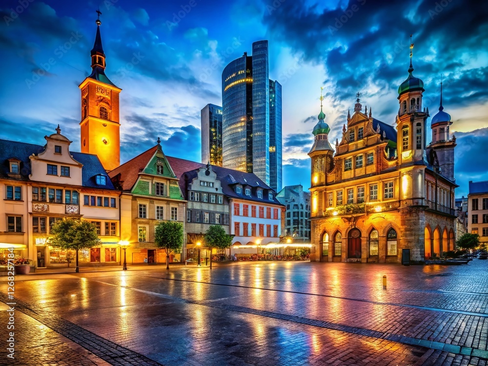 Fototapeta premium Night Photography: Old Town Meets Modern Skyline - Cityscape Contrast