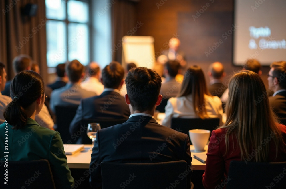 Back view of diverse attendees at a conference, presentation, workshop, or masterclass. Depth of field, warm lighting, inspirational atmosphere, professional style, high quality, realistic. Include Back view of diverse attendees at a conference, presentation, workshop, or masterclass. Depth of field, warm lighting, inspirational atmosphere, professional style, high quality, realistic. Include