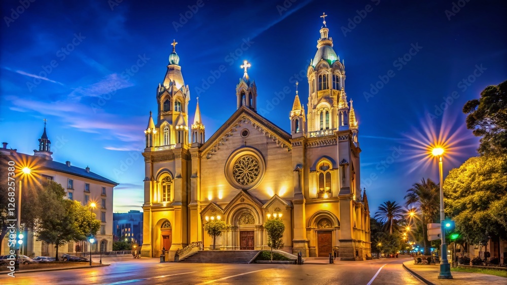 Fototapeta premium Night Photography: San Francisco Saints Peter & Paul Church Facade - Illuminated Gothic Architecture