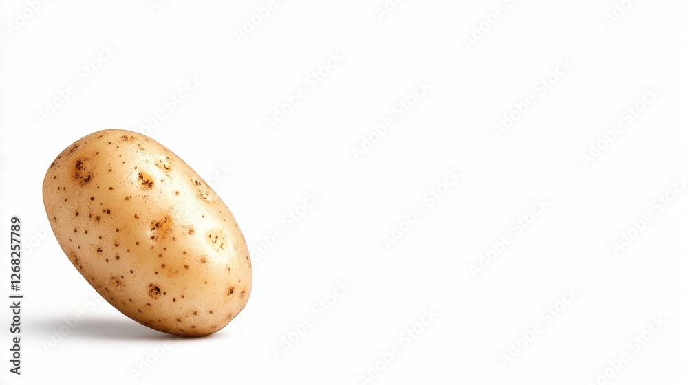 A fresh, organic potato with speckles on a white background. A fresh, organic potato with speckles on a white background.