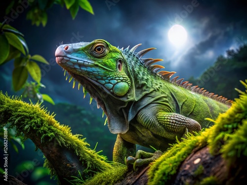Night Vision: Green Iguana in Tropical Rainforest Under Moonlight