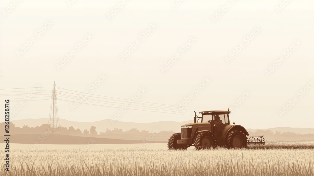 Fototapeta premium Tractor working in a field, hazy background, rural scene, illustration