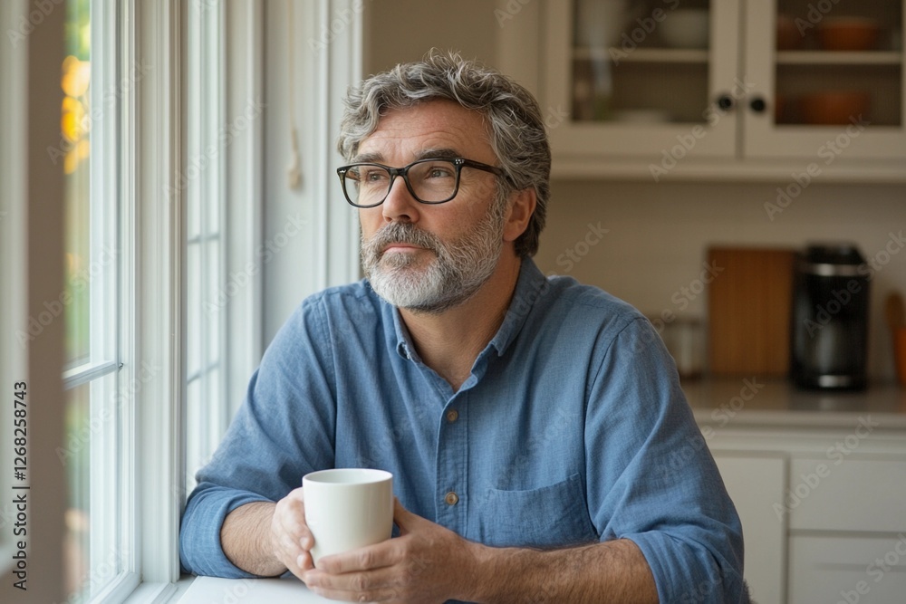 Thoughtful mature man with glasses enjoying a cup of coffee while gazing out the window in a cozy home kitchen, evoking contemplation, relaxation, and a peaceful morning routine Thoughtful mature man with glasses enjoying a cup of coffee while gazing out the window in a cozy home kitchen, evoking contemplation, relaxation, and a peaceful morning routine