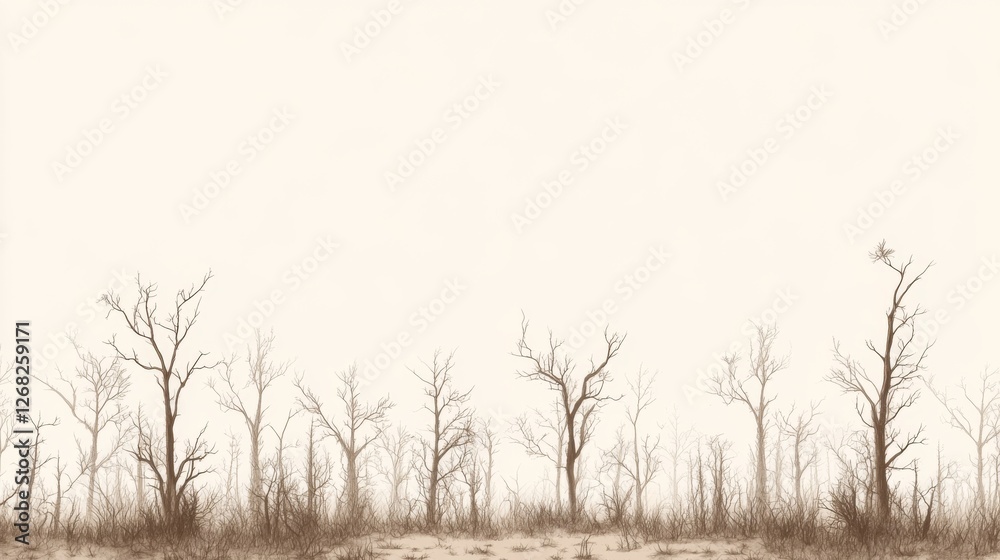 A barren landscape featuring skeletal trees against a soft beige background, evoking a sense of desolation A barren landscape featuring skeletal trees against a soft beige background, evoking a sense of desolation