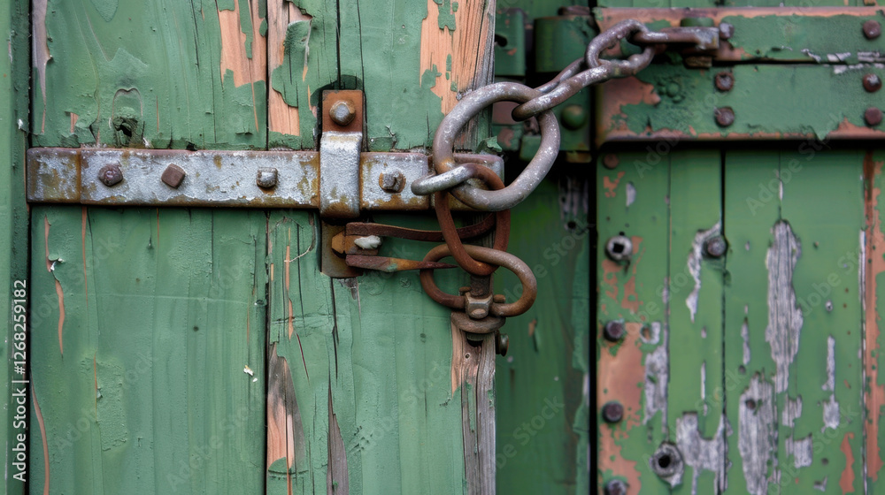 weathered green door with peeling paint, secured by rusty chain and padlock, evokes sense of abandonment and history weathered green door with peeling paint, secured by rusty chain and padlock, evokes sense of abandonment and history