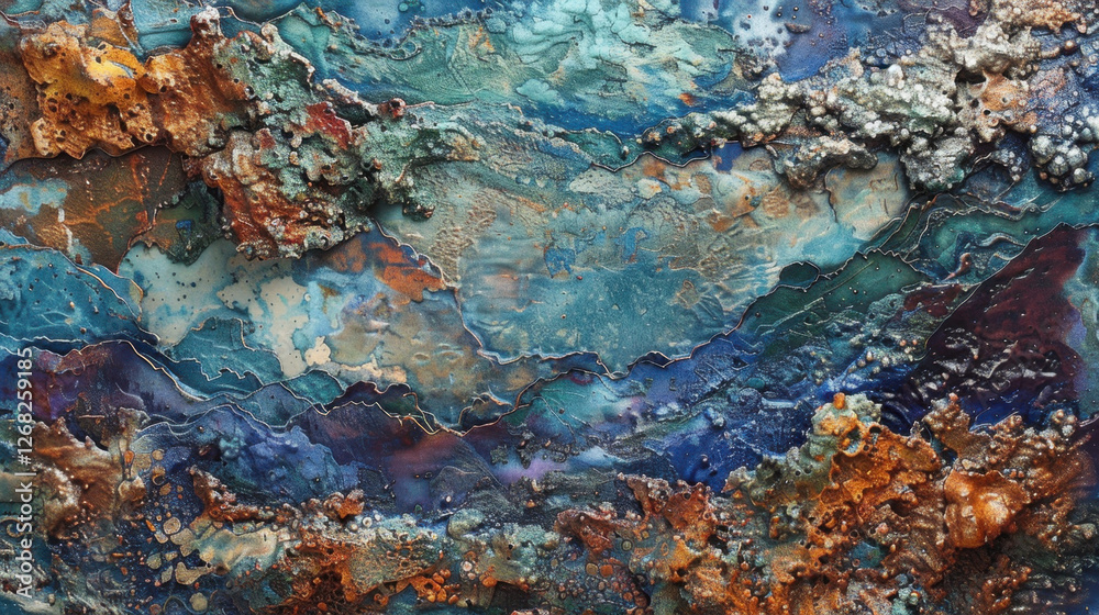 Textured abstract art featuring vibrant blue and earthy tones, resembling natural landscape. intricate details create sense of depth and movement, evoking emotions of tranquility and wonder Textured abstract art featuring vibrant blue and earthy tones, resembling natural landscape. intricate details create sense of depth and movement, evoking emotions of tranquility and wonder