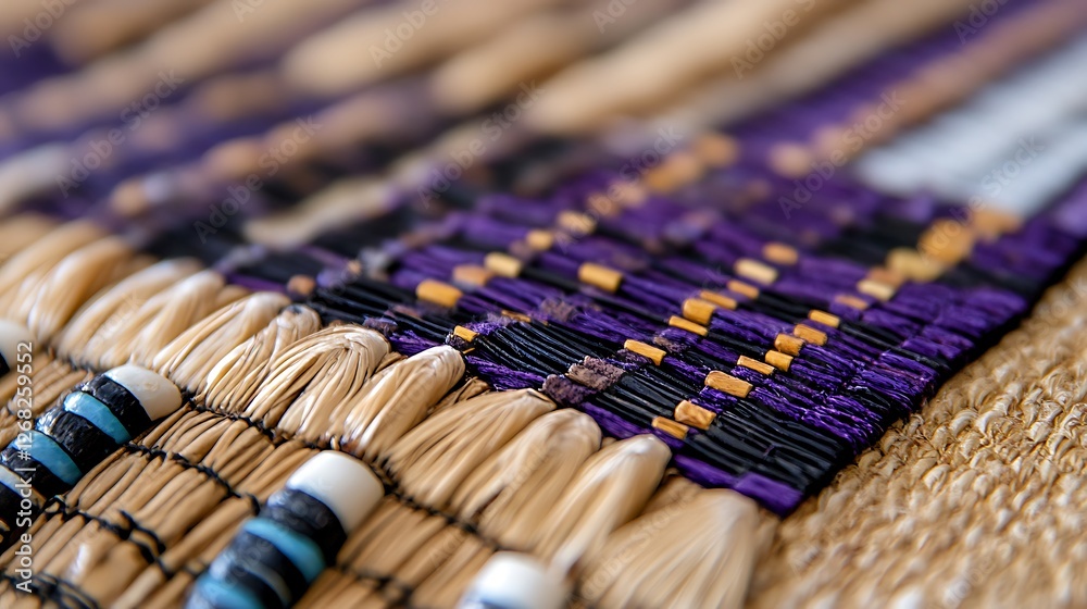 Naklejka premium Close-up of Exquisite Handwoven Textile with Vibrant Purple and Beige Accents, Detailed Weaving Pattern, and Unique Beaded Elements.