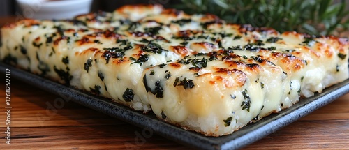 Baked Garlic Cheese Bread: A delectable, golden-brown baked garlic cheese bread, generously topped with melted cheese and fresh herbs, sits on a rustic wooden surface, promising a burst of cheesy. photo