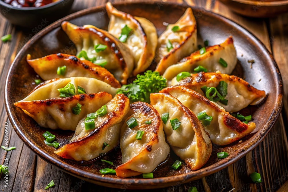 Overhead Shot of Delicious Pan-Fried Gyoza Dumplings on a Plate Overhead Shot of Delicious Pan-Fried Gyoza Dumplings on a Plate