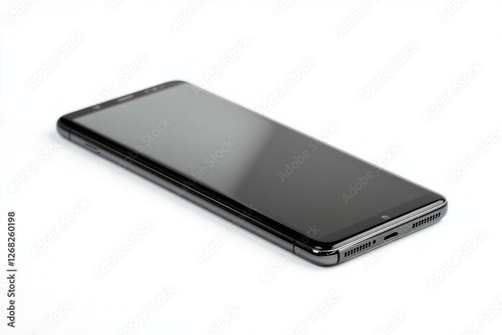 Sleek smartphone, studio shot, white background, screen off, product display Sleek smartphone, studio shot, white background, screen off, product display