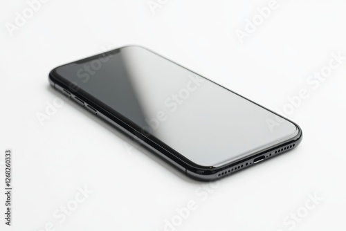 Sleek smartphone on white background, blank screen, studio shot, mockup