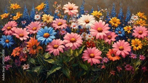 Vibrant wildflower bouquet, oil painting, meadow scene, artistic floral display photo