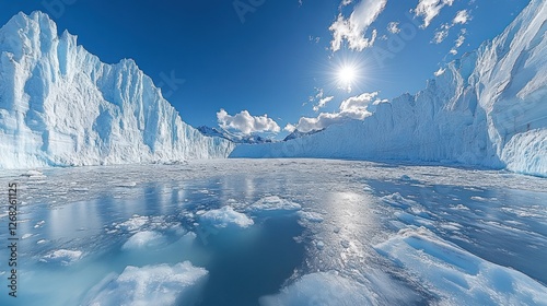 Glacier panorama, vast icy landscape, bright sunny day, melting icebergs photo