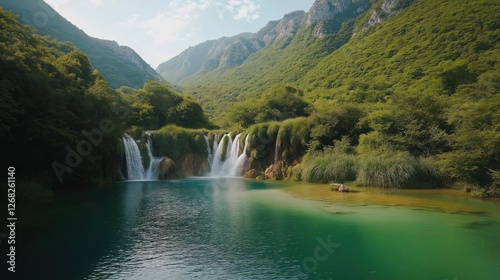 Tranquil Turquoise Waterfall Pool In Lush Green Mountains
