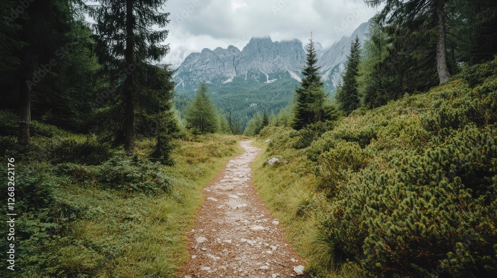 Fototapeta premium Serene Mountain Trail: A Journey Through Lush Alpine Forest