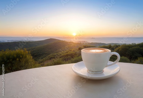 Coffee in a white cup against a Mediterranean landscape