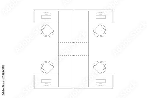 A minimalist 2d vector graphic of a office cubical design, highligthing clean lines and efficient use of space. Perfect for architectural plans and interior design concepts. Set 4
