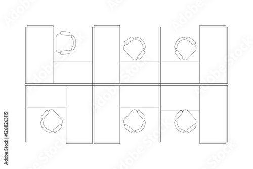 A minimalist 2d vector graphic of a office cubical design, highligthing clean lines and efficient use of space. Perfect for architectural plans and interior design concepts. Set 3
