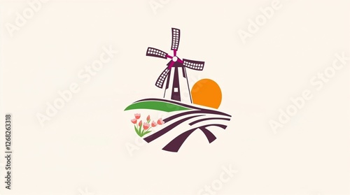 stylized windmill and landscape illustration with sun and flowers minimalist design