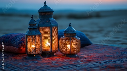 Illuminated Moroccan Lanterns Resting On Beach Rug