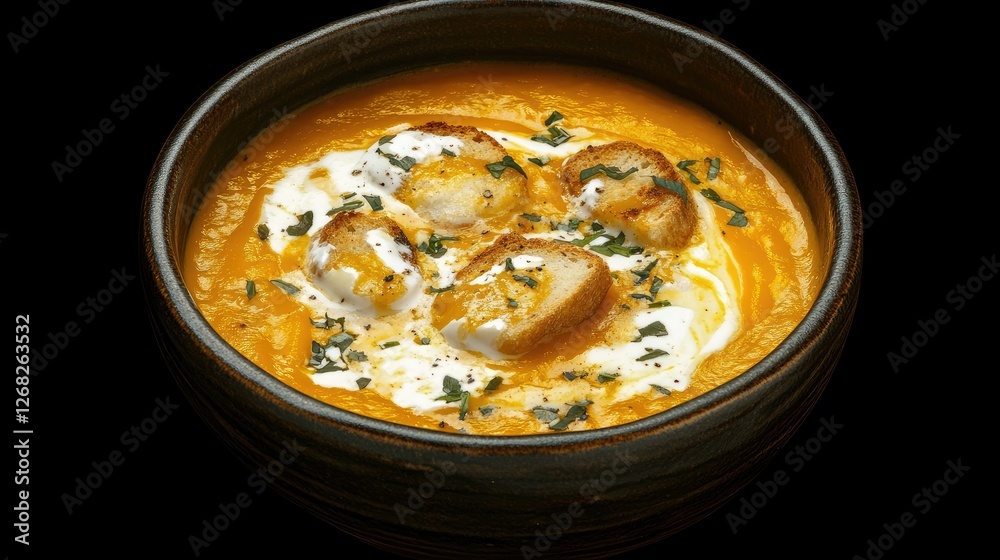 Cozy autumn bowl of pumpkin soup with a velvety texture, garnished with cream, fresh herbs, and crunchy croutons, on a black minimalist background. Cozy autumn bowl of pumpkin soup with a velvety texture, garnished with cream, fresh herbs, and crunchy croutons, on a black minimalist background.
