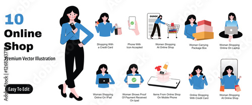 Business illustration concept. Collection of women shopping online, Credit card use, Online shop.. Vector Illustration