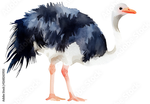 Watercolor ostrich illustration with simple design on white background, showcasing its unique features and vibrant colors photo