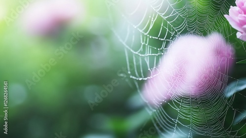 Dewy spiderweb among pink flowers, garden background, nature banner
