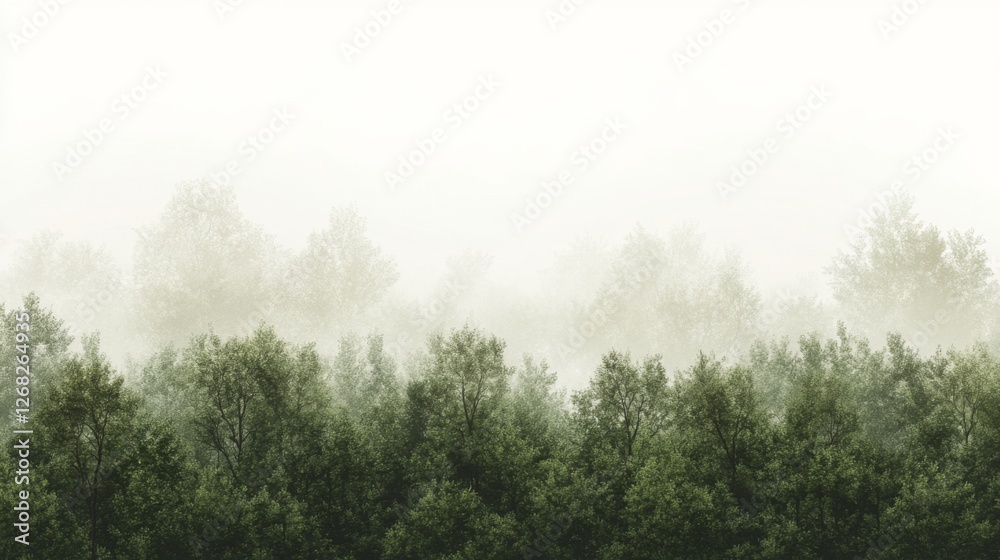 Obraz premium Misty forest landscape with dense greenery, serene atmosphere, and soft light filtering through trees