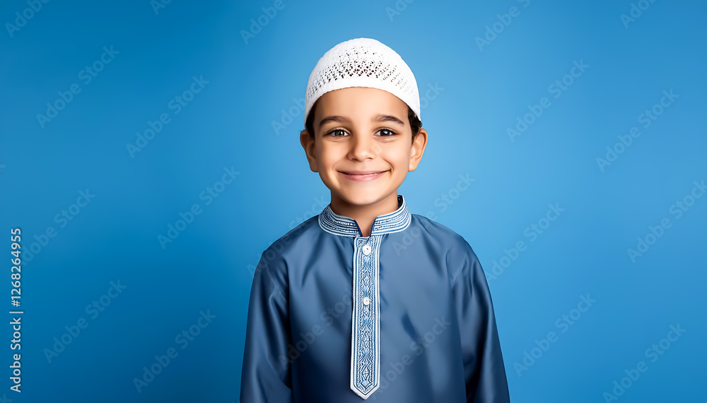 Portrait of Muslim Boy With Greeting and Welcoming Gesture Isolated on Blue Background Portrait of Muslim Boy With Greeting and Welcoming Gesture Isolated on Blue Background