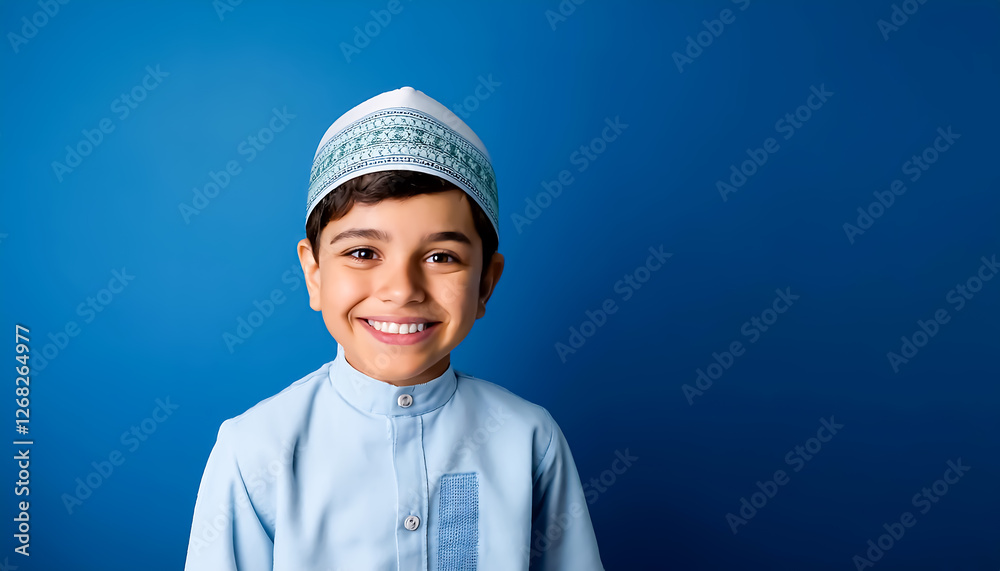 Portrait of Muslim Boy With Greeting and Welcoming Gesture Isolated on Blue Background Portrait of Muslim Boy With Greeting and Welcoming Gesture Isolated on Blue Background