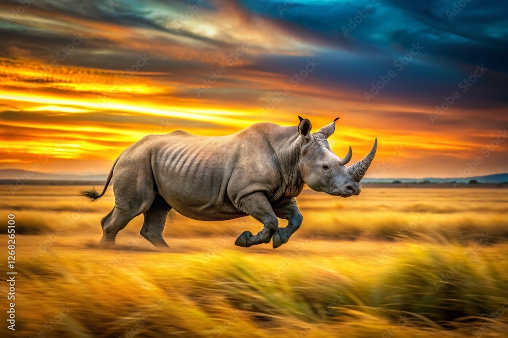 Fototapeta premium Panoramic View of a Rhino Running Wild in African Savanna