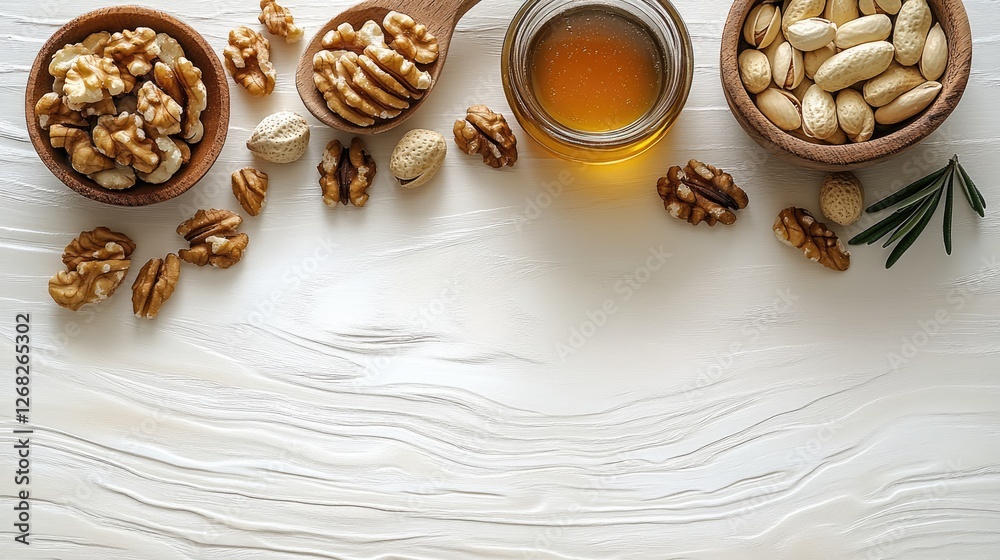 Fototapeta premium Assorted nuts and honey in wooden bowls on a textured white surface, ideal for healthy snack promotion