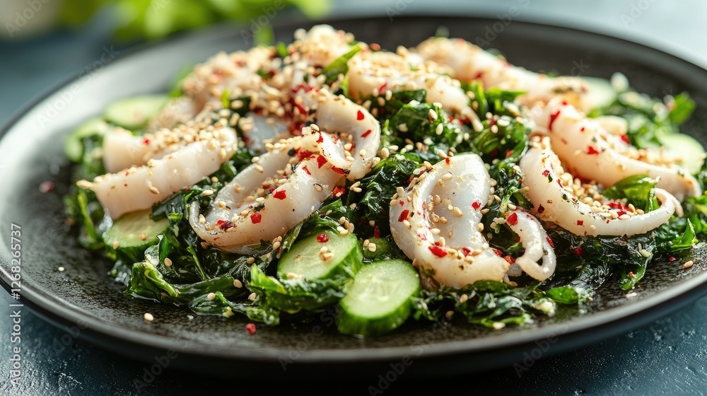 Fresh squid salad with wakame seaweed, cucumbers, and ponzu dressing, garnished with sesame seeds and shredded daikon. Fresh squid salad with wakame seaweed, cucumbers, and ponzu dressing, garnished with sesame seeds and shredded daikon.