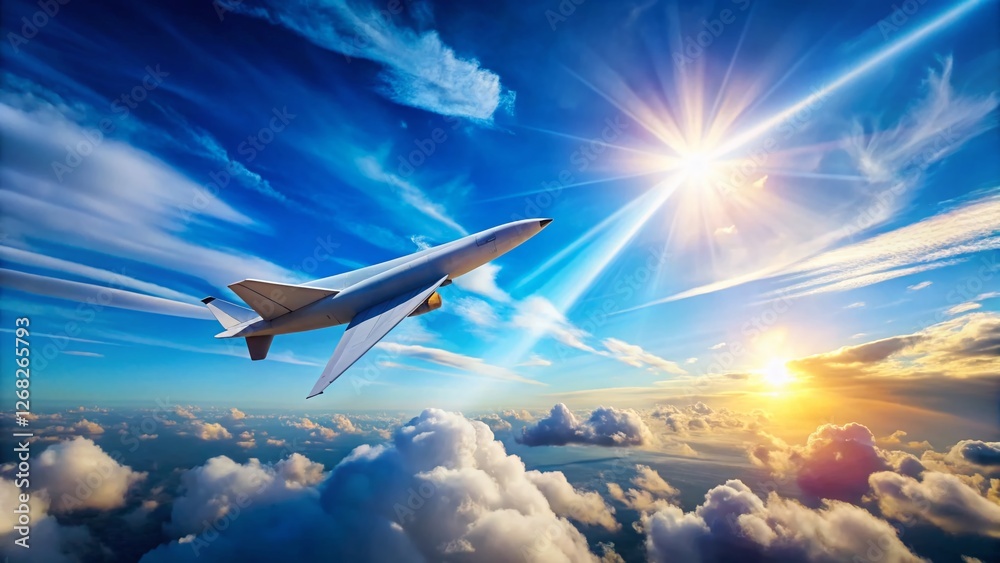 Panoramic View of Paper Airplane Soaring Through Sunny Sky Panoramic View of Paper Airplane Soaring Through Sunny Sky