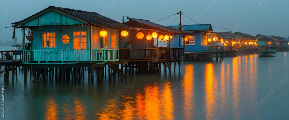 Colorful Floating Houses At Twilight On River Colorful Floating Houses At Twilight On River