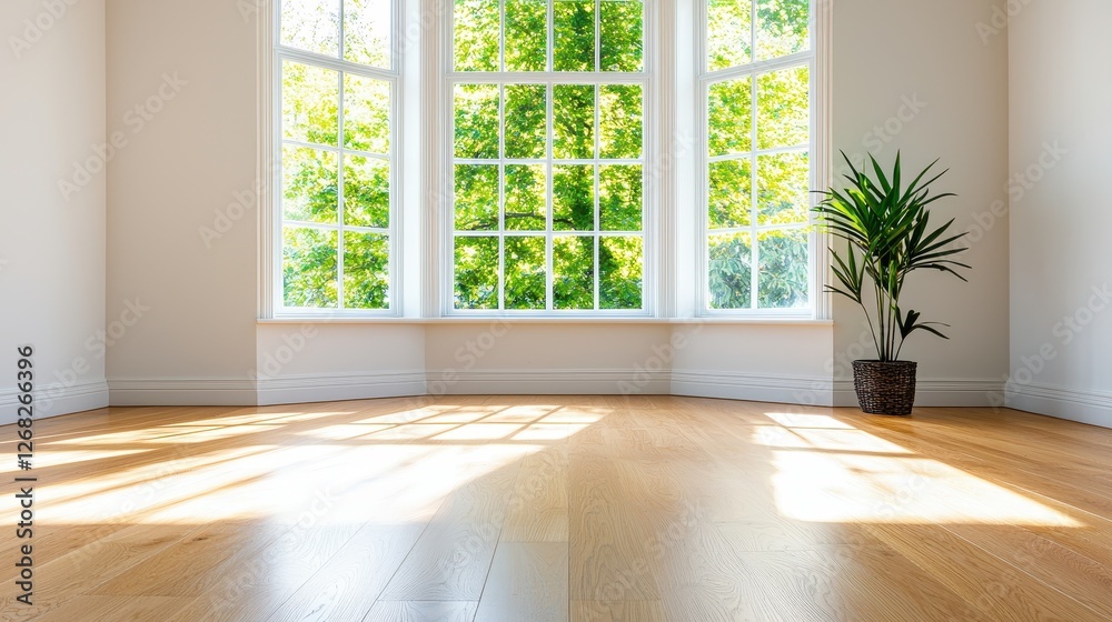 Sunlight streams into a bright empty room with hardwood floors Sunlight streams into a bright empty room with hardwood floors