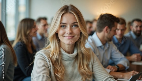 Blonde Woman in Group Smiling Subtly In Room Setting