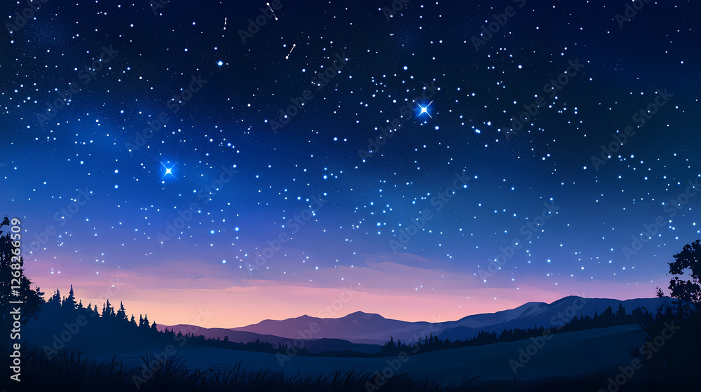 Naklejka premium A stunning view of the night sky filled with stars, constellations, and celestial phenomena observed from a clear location during twilight. Celestial Cartographers. Illustration