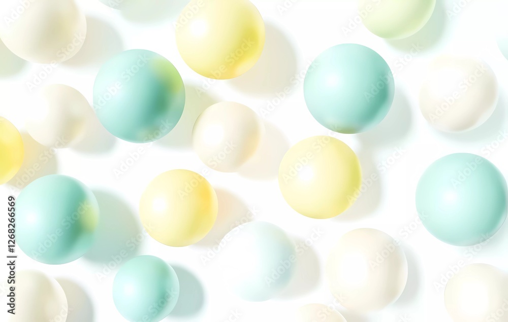 3D rendering of floating balloons on a white background. The color palette is a soft pastel blend of yellow, green, and blue with gentle shadows 3D rendering of floating balloons on a white background. The color palette is a soft pastel blend of yellow, green, and blue with gentle shadows