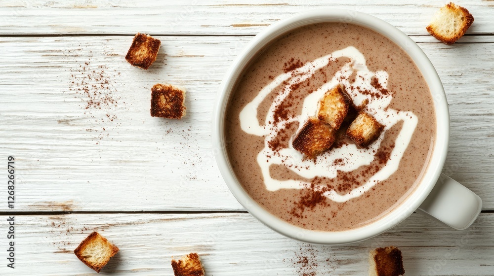 Fototapeta premium Gourmet-style mushroom cream soup with a velvety consistency, drizzled with cream and topped with croutons, placed on a white wooden background.