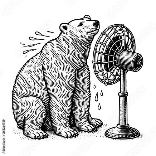Polar bear cooling itself with a fan engraving black and white outline. Scratch board imitation.
