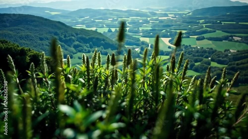 Lush vegetation atop a mountain overlooking a valley