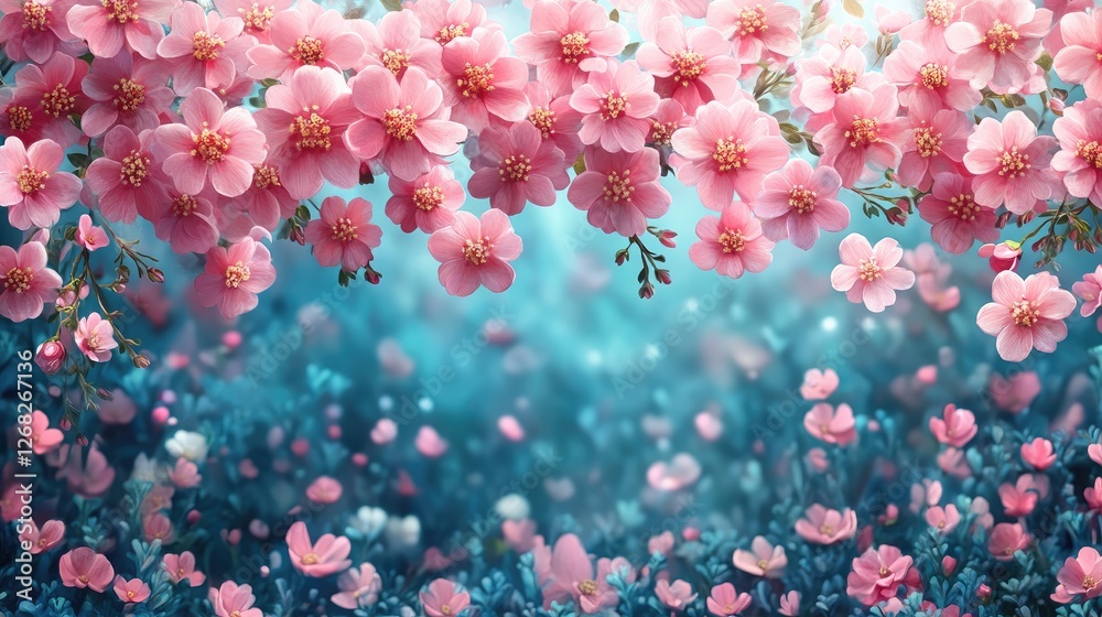 Blossoming pink cherry blossoms fill the scene, creating a vibrant atmosphere in a serene garden Blossoming pink cherry blossoms fill the scene, creating a vibrant atmosphere in a serene garden